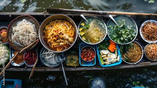 Amidst the colorful floating market, a boat vendor serves up traditional Thai noodles, each bowl brimming with fresh ingredients and rich flavors, enticing passersby. photo