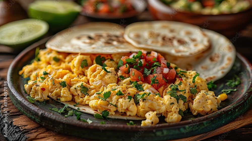 A plate of migas with scrambled eggs, tortillas, cheese, and salsa..illustration graphic A plate of migas with scrambled eggs, tortillas, cheese, and salsa..illustration graphic