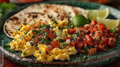 A plate of migas with scrambled eggs, tortillas, cheese, and salsa..illustration photo