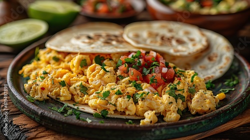 A plate of migas with scrambled eggs, tortillas, cheese, and salsa..illustration graphic photo