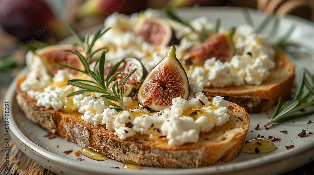 A plate of ricotta toast with honey and figs..illustration
