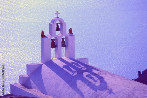 Beautiful sea view, white house, blue and white architecture, greek orthodox churche, Travel and summer vacacion, Architecture details in Santorini Greece, romantic seascape to the blue Aegean sea. 