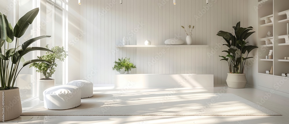 Bright and serene minimalist interior with natural light, lush green plants, and comfortable seating, creating a tranquil and modern living space. Bright and serene minimalist interior with natural light, lush green plants, and comfortable seating, creating a tranquil and modern living space.