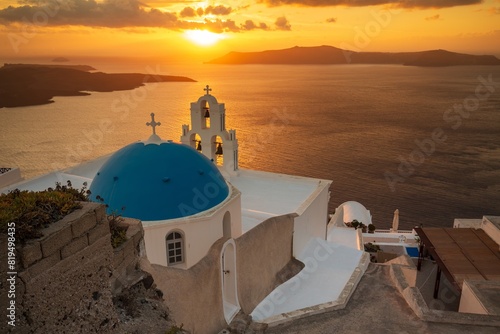 Beautiful sea view, white house, blue and white architecture, greek orthodox churche, Travel and summer vacacion, Architecture details in Santorini Greece, romantic seascape to the blue Aegean sea.  photo