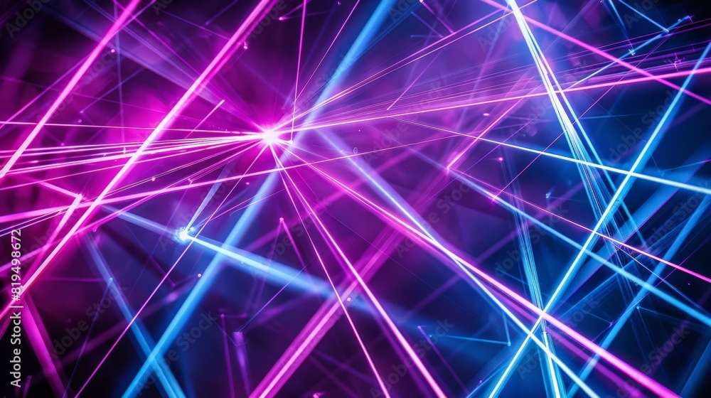 Against a pitch-black backdrop, blue and violet laser beams shine brilliantly, intersecting and creating a mesmerizing pattern. The intense colors and sharp lines bring a sense of energy Against a pitch-black backdrop, blue and violet laser beams shine brilliantly, intersecting and creating a mesmerizing pattern. The intense colors and sharp lines bring a sense of energy