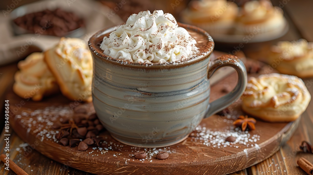 A cup of hot chocolate with whipped cream and a side of pastries..stock photo A cup of hot chocolate with whipped cream and a side of pastries..stock photo