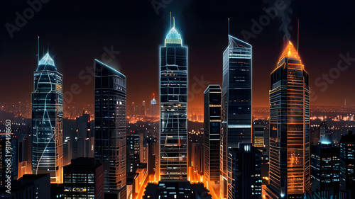 Glossy and artistic neon light effect urban landscapes of modern towering cities and Skyscrapers or Artistic textures and futuristic townscapes ai generative #819498650