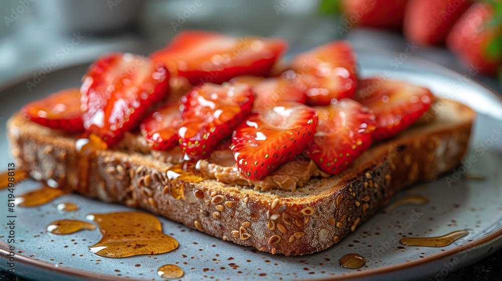 A slice of toast with almond butter, sliced strawberries, and a drizzle of honey..illustration