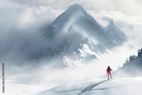 A skier in red walks on the snow  surrounded by fog and misty snowy mountains. The background is white with some foggy peaks. In an illustration style  there was a sense of loneliness and panorama.