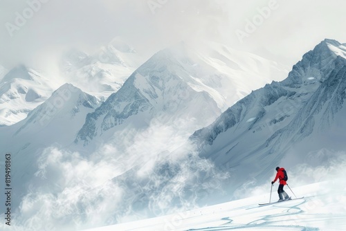 A skier in red walks on the snow, surrounded by fog and misty snowy mountains. The background is white with some foggy peaks. In an illustration style, there was a sense of loneliness and panorama.