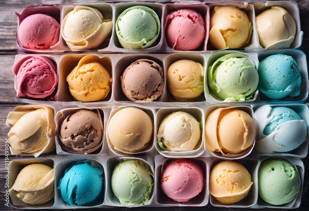A variety of colorful ice cream scoops arranged in a grid pattern in white cups, placed on a wooden surface. Ice Cream Month. A variety of colorful ice cream scoops arranged in a grid pattern in white cups, placed on a wooden surface. Ice Cream Month.