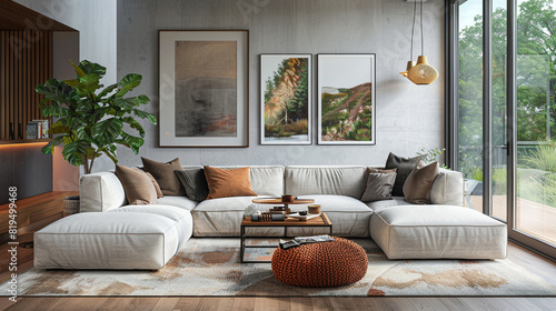 Modern living room with a sectional sofa and a mix of textured throw pillows.