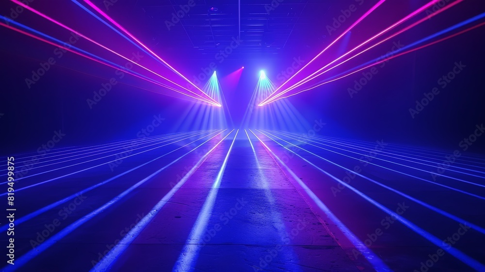 Blue and violet laser beams illuminate the black background, forming a striking and vivid light display. The beams' brilliance and the stark contrast with the dark backdrop create a captivating Blue and violet laser beams illuminate the black background, forming a striking and vivid light display. The beams' brilliance and the stark contrast with the dark backdrop create a captivating
