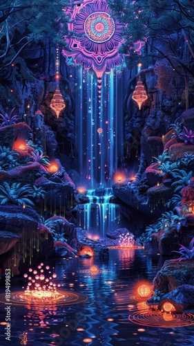 painting of a waterfall with glowing lights. The waterfall is cascading down rocks and surrounded by lush greenery. In the background  there is a circular mandala design.