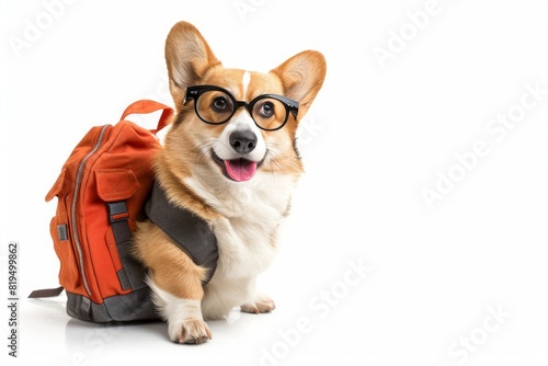Corgi with a Backpack and Glasses: A studious Corgi wearing oversized glasses and carrying a tiny backpack, ready for a day of learning and exploration. photo on white isolated background © Aditya