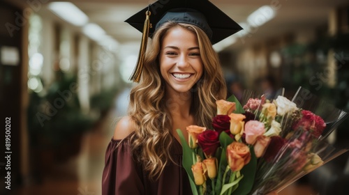 Smiling female graduate in cap and gown holding a bouquet of flowers, celebrating her academic achievement indoors.