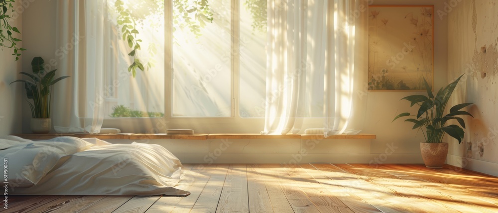 Cozy and peaceful minimalist bedroom with natural light pouring in through large windows, featuring a serene ambiance and indoor plants. Cozy and peaceful minimalist bedroom with natural light pouring in through large windows, featuring a serene ambiance and indoor plants.