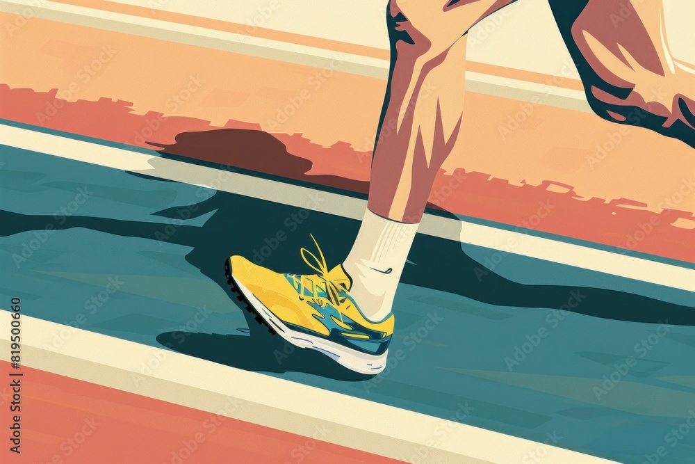 Man running on track with yellow shoe in illustration of travel and fitness concept
