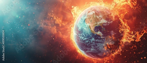 Dramatic depiction of Earth engulfed in flames, symbolizing climate change, environmental crisis, or global warming impact on our planet. photo
