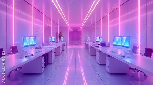 Visually Striking Futuristic Ergonomic Office Space Bathed in Soft Neon Lighting Exuding Sleek Minimalistic Aesthetic