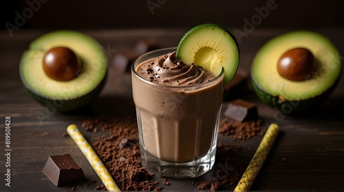 Healthy Homemade Avocado Smoothie with honey and chocolate paste on wood table dark background.generative.ai 