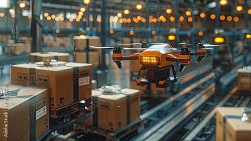 A drone efficiently sorts packages in a high-tech warehouse, illustrating advanced logistics and automation in modern supply chain management.