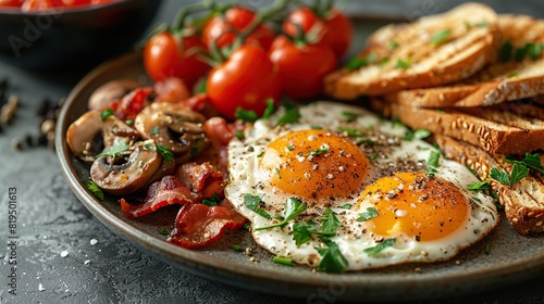 A breakfast platter with fried eggs, toast, bacon, and saut�ed mushrooms..illustration graphic