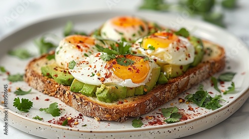 A plate of avocado toast topped with poached eggs and chili flakes..illustration graphic