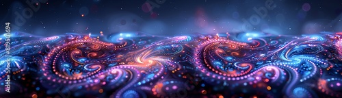 Colorful abstract fractal art with swirling patterns and vibrant lighting effects in a cosmic  digital landscape.