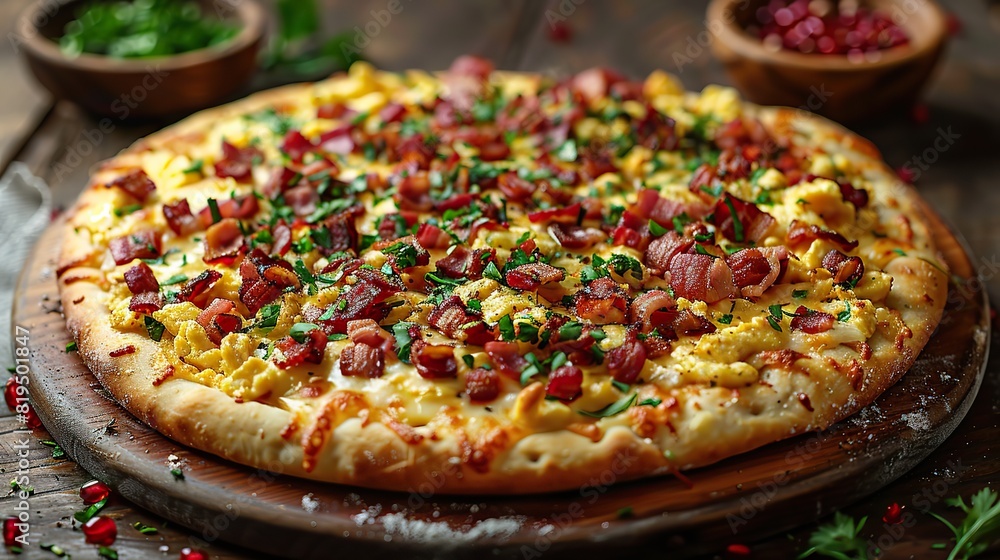 A breakfast pizza with scrambled eggs, bacon, and cheese on a crispy crust..illustration