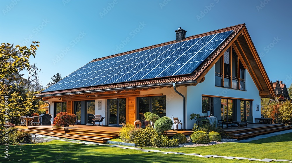 A photographic image of a modern home with a rooftop covered in sleek solar panels, basking in bright sunlight A photographic image of a modern home with a rooftop covered in sleek solar panels, basking in bright sunlight