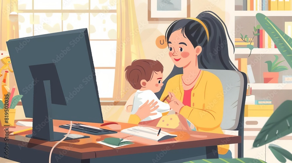 Cute happy mother holding her infant baby, sitting at desk and working on computer at home Female freelance worker with child at workplace Maternity and career Flat cartoon vector illustration, Cute happy mother holding her infant baby, sitting at desk and working on computer at home Female freelance worker with child at workplace Maternity and career Flat cartoon vector illustration,