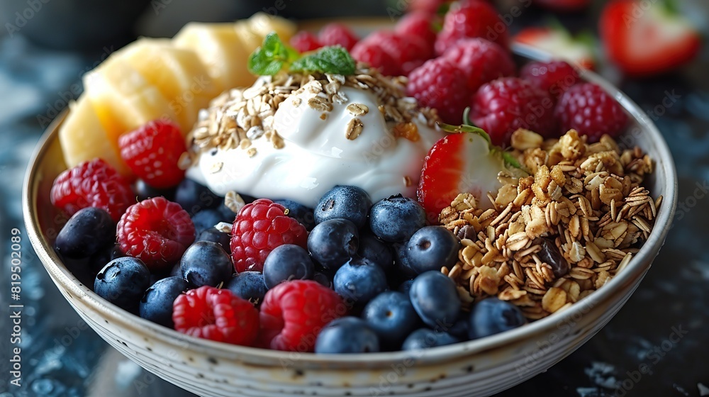 A bowl of fresh fruit with a dollop of yogurt and a sprinkle of granola..illustration A bowl of fresh fruit with a dollop of yogurt and a sprinkle of granola..illustration