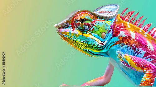 Rainbow Colour Chameleon closeup at plain Teal background  ,Chameleon Sitting ,nature ,reptile ,lizard ,dragon , animal ,green , branch ,illustration . © Zigma Arts