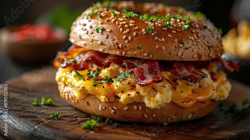 A bagel breakfast sandwich with scrambled eggs, bacon, and cheese..illustration graphic