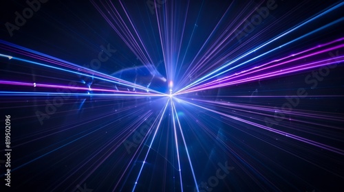 Bright laser beams in shades of blue and violet cut through the blackness, casting an otherworldly glow. The contrast between the dark background and the vibrant lasers highlights their intensity