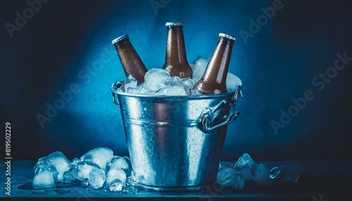 beer cans in a ice bucket on dark blue background