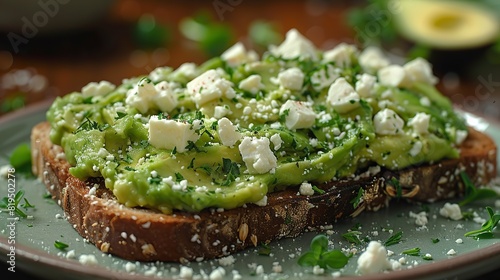 A slice of whole grain toast with mashed avocado and a sprinkle of feta cheese..illustration graphic