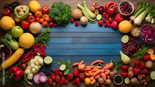 A wooden table covered in a vibrant assortment of fruits and vegetables that highlights regional elements for healthful meals and complete foods