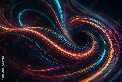 abstract Neon glowing twisted cosmic lines on the glossy surface. Turbulence curls flow colorful motion. Fluid and smooth astronomy vortex swirl structure