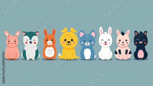 Illustration of adorable cartoon animals lined up in a row, featuring a variety of colorful and playful characters.
 photo
