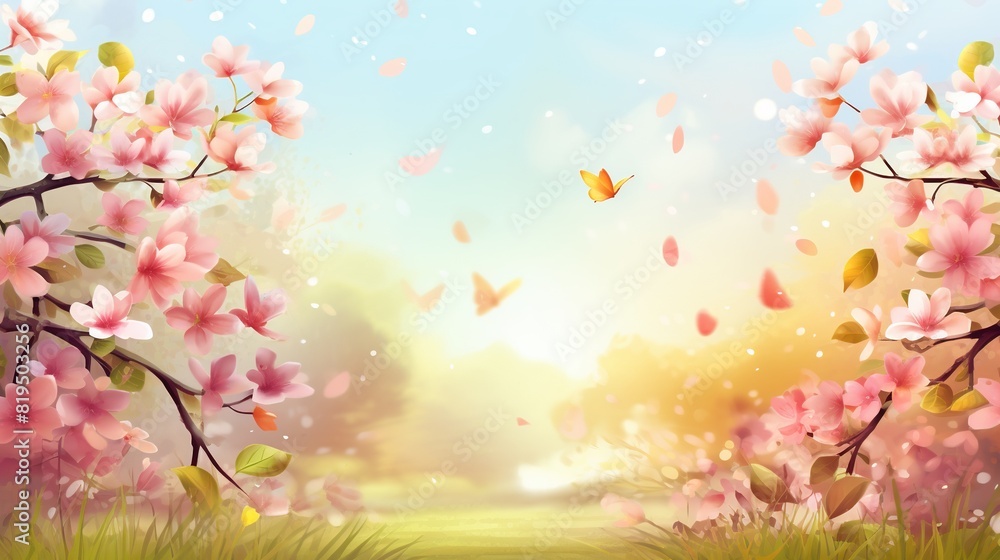 A serene spring landscape adorned with cherry blossoms and fluttering butterflies. A tranquil spring setting with cherry blossoms and butterflies adds a touch of beauty to the landscape. A serene spring landscape adorned with cherry blossoms and fluttering butterflies. A tranquil spring setting with cherry blossoms and butterflies adds a touch of beauty to the landscape.