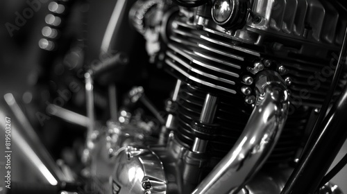 Close up of motorcycle engine, black and white scene . © ANIS
