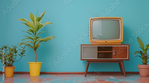 Vintage television on wooden stand with potted plants in bright colorful room, retro interior design, turquoise wall background. photo