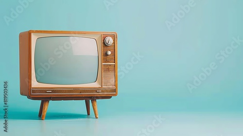 Vintage retro television with wooden frame on blue background. Nostalgic antique TV symbolizing technology and entertainment of the past. photo