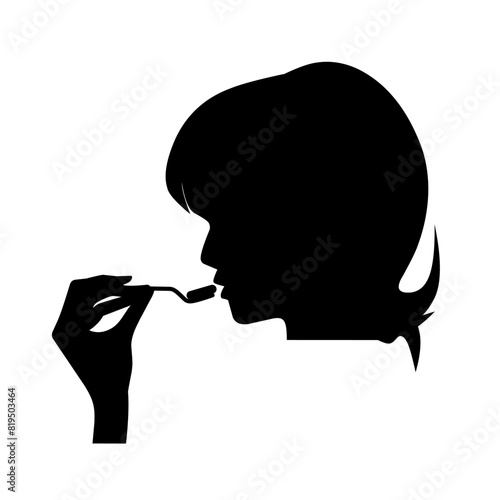 Take medicine pill icon. Little girl's head with mouth and hands holding a spoon filled with medicine pills. Isolated on white background. Vector silhouette