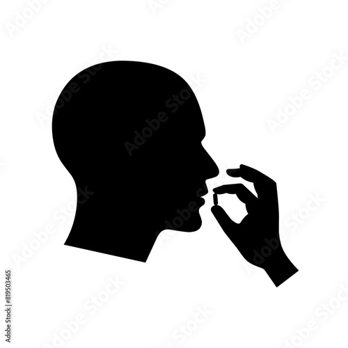 Take medicine pill icon. Head with mouth and hands holding medicinal pills. Isolated on white background. Vector silhouette