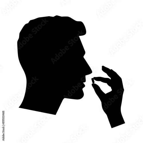 Take medicine pill icon. Human head with open mouth and hand holding pills. Isolated on white background. Vector silhouette