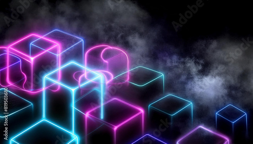 background block in neon style with real smoke and black background photo