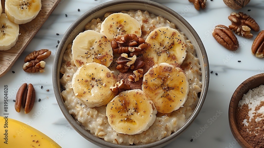 A bowl of oatmeal topped with sliced bananas, walnuts, and a sprinkle of cinnamon..stock image